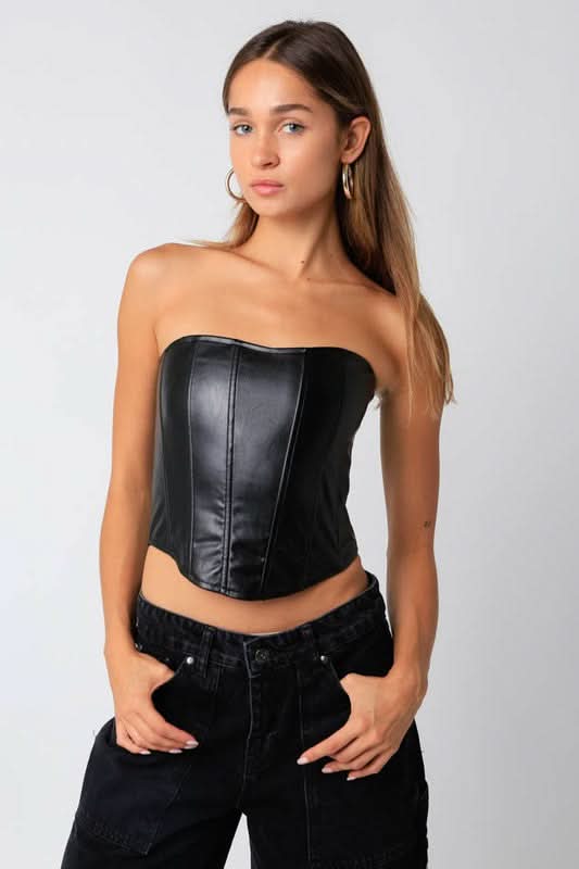 Olivaceous Harper Black Strapless Vegan Leather Corset Top - Size L - Sweetheart Neckline, Boning Detail, Back Zipper Olivaceous Harper Black Strapless Vegan Leather Corset Top - Size L - Sweetheart Neckline, Boning Detail, Back Zipper