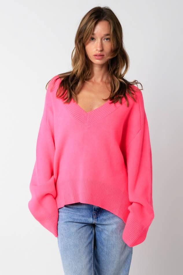 Pink Shell Sweater Pink Oversized V-Neck Sweater - Sweater | Boho Pink