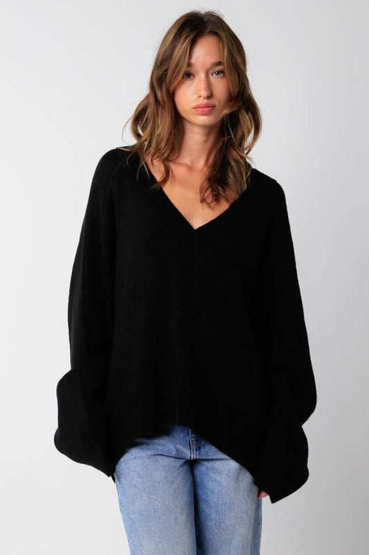 Leila Black V-Neck Oversized Sweater