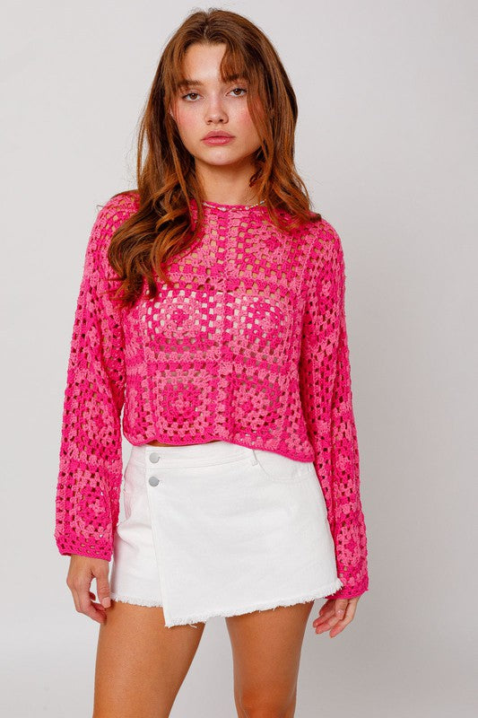 Pink and Fuchsia Sweater - Crochet Bell Sleeve Sweater | Boho Pink