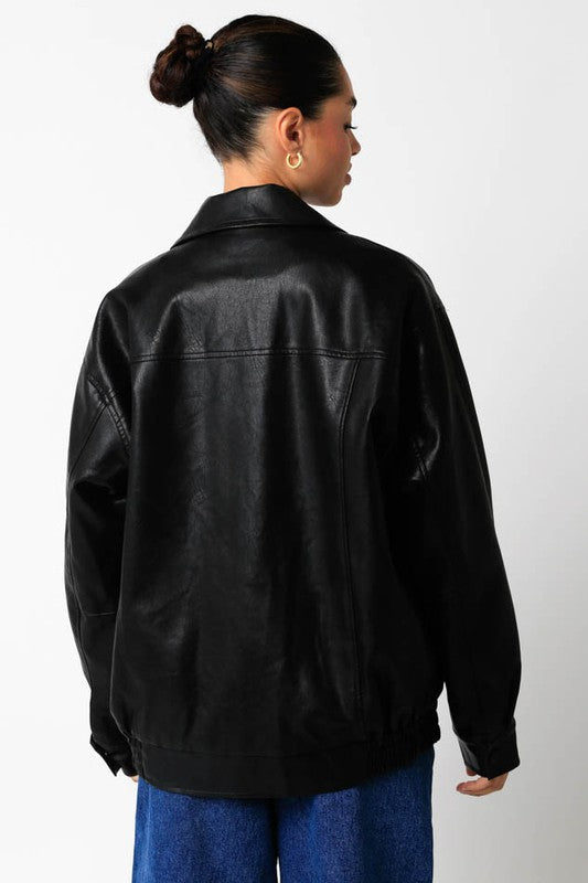 Women's Black Leather Collard Bomber Jacket