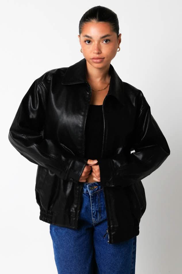 Black Leather Collard Bomber Jacket