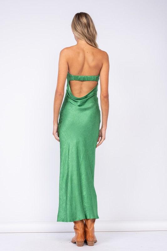 Satin Green Basic Strapless Dress Slim Backless Hollow Maxi Dress