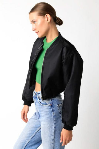 Be Back Black Satin Cropped Bomber Jacket styled with jeans and cropped tee