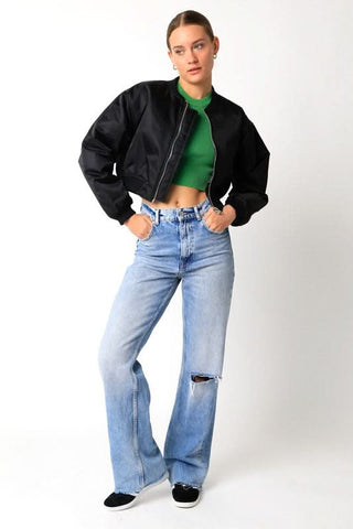 Be Back Black Satin Cropped Bomber Jacket - Full Outfit View