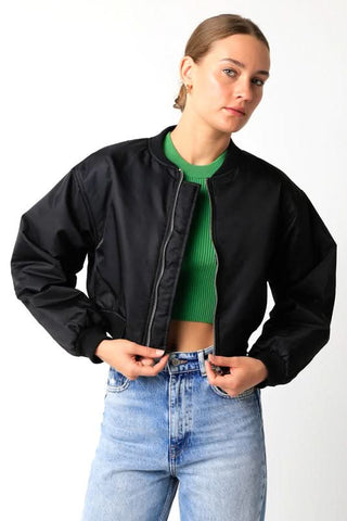 Be Back Black Satin Cropped Bomber Jacket - Close-up View
