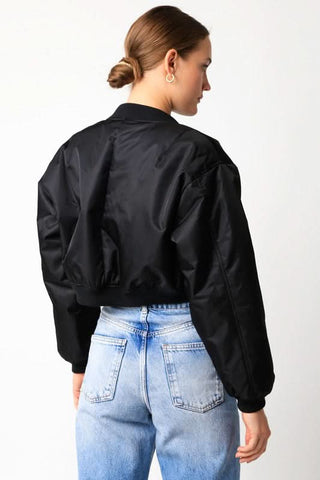 Be Back Black Satin Cropped Bomber Jacket - Back View