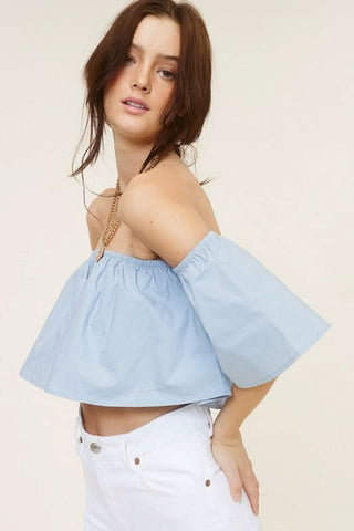 Light Blue Flowy Strapless Crop Top