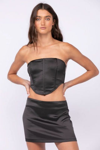 Black Satin Two-Piece Set with Corset Top and Bodycon Mini Skirt