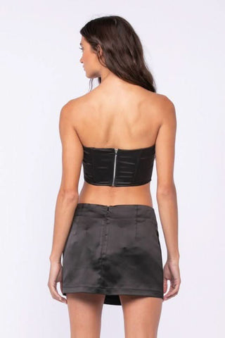 Portia Black Satin Corset Crop Top and Mini Skirt Set - Back View
