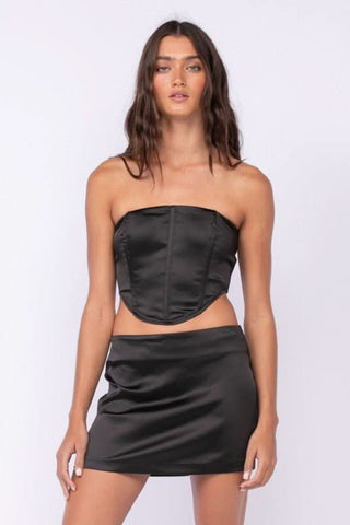 Portia Black Satin Corset Crop Top and Mini Skirt Set - Front View

