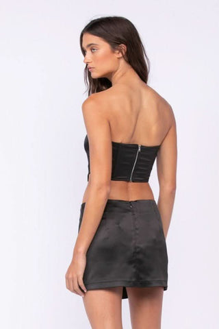 Black Satin Two-Piece Set with Corset Top and Bodycon Mini Skirt - Side
