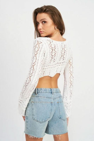 White Crochet Crop Top with Long Bell Sleeves - Side View | Boho Pink
