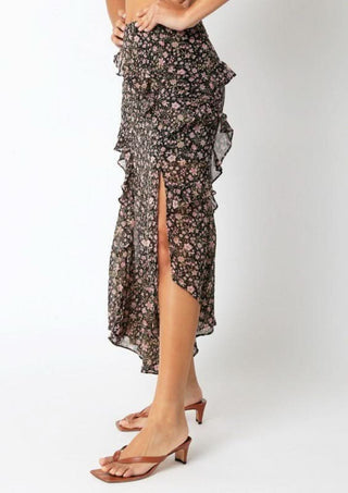 Olivia Black Floral Print Midi Skirt - Side View