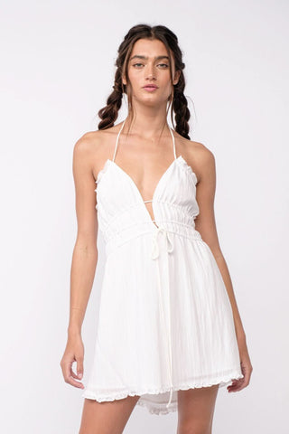 White open back halter mini dress