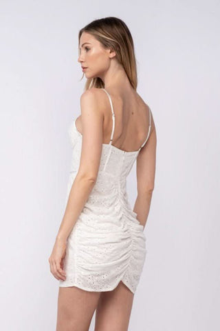 Sandra White Eyelet Bustier Mini Dress Side Angle View | Boho Pink