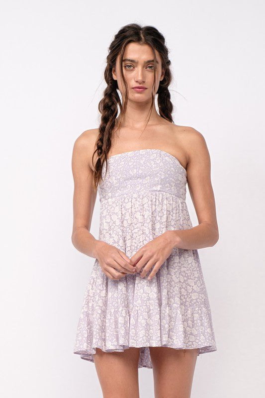 Lavender and White Strapless Floral Mini Dress