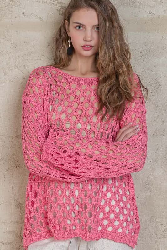 Nadia Pink Sheer Crochet Sweater - Front View