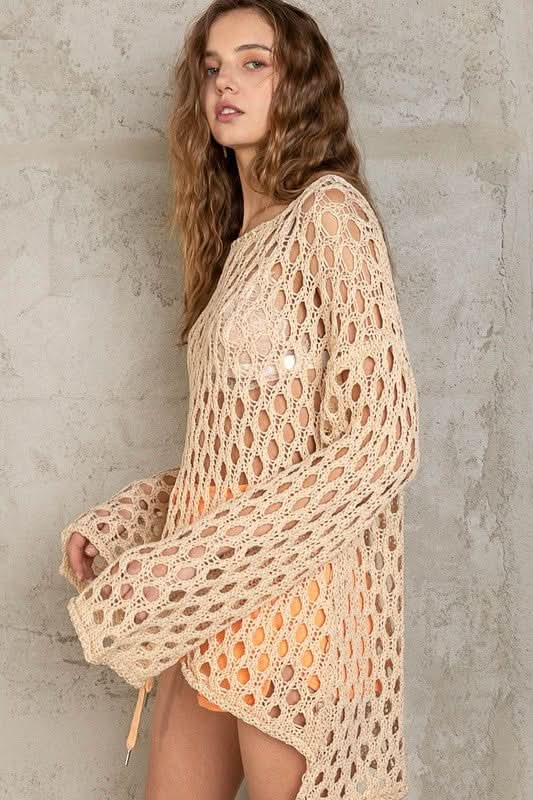 Nadia Yellow Sheer Crochet Bell Sleeve Sweater - Side View