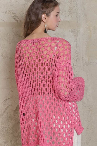 Nadia Pink Sheer Crochet Sweater - Back View