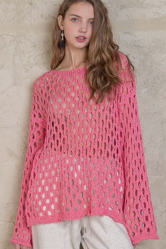 Nadia Sheer Crochet Pink Sweater - Front View