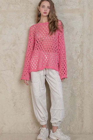 Nadia Pink Sheer Crochet Sweater - Boho Outfit View
