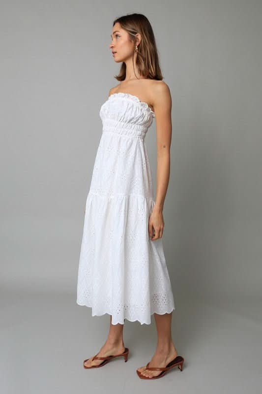 White Eyelet Dress - Strapless Midi Dress | Boho Pink White Eyelet Dress - Strapless Midi Dress | Boho Pink