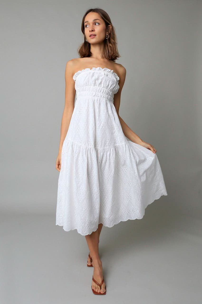 White Eyelet Dress - Strapless Midi Dress | Boho Pink White Eyelet Dress - Strapless Midi Dress | Boho Pink