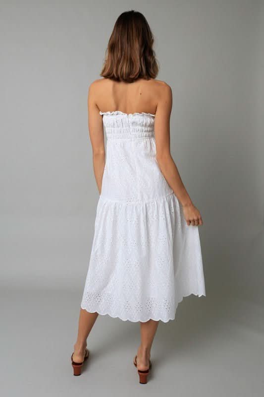 White Eyelet Strapless Midi Dresses