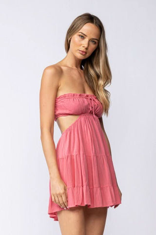Boho Pink Strapless Mini Dress – Flowy Babydoll Skirt Detail