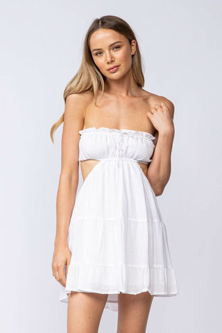 White Babydoll Mini Dress with Side Cutouts - Detail View
