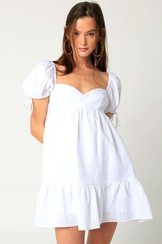 Cute White Linen Babydoll Puff Sleeves Dress | Boho Pink Cute White Linen Babydoll Puff Sleeves Dress | Boho Pink
