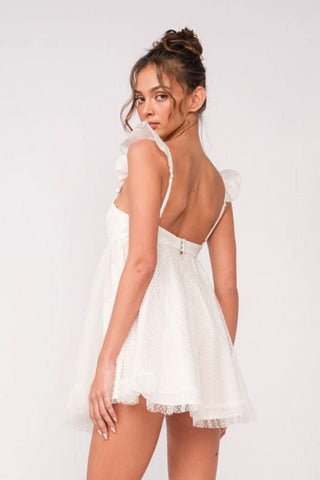 White Organza Mini Dress Empire Waist Tiered Skirt - Back Angle