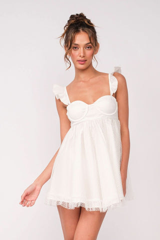 White Clip Dot Organza Babydoll Dress with Ruffle Straps