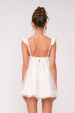White Organza Mini Dress Empire Waist Tiered Skirt - Back View