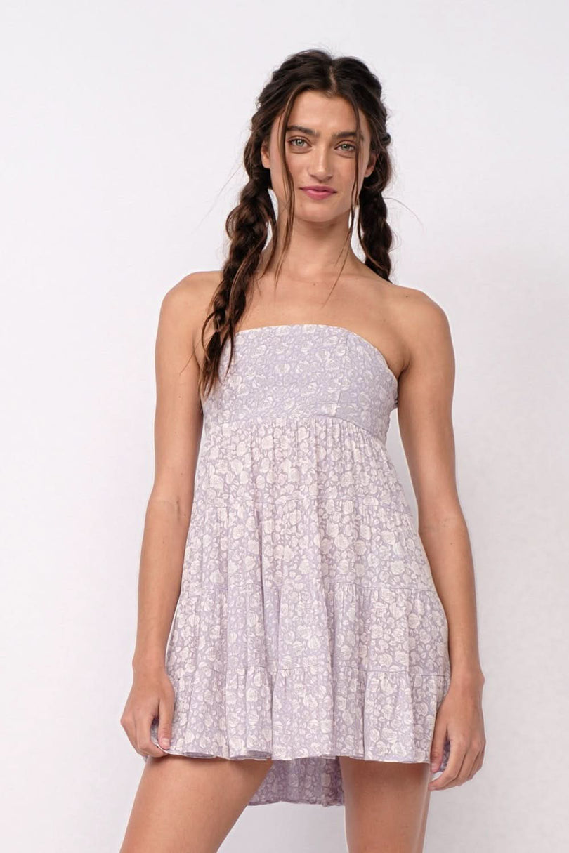 Avery Lavender Floral Print Strapless Mini Dress a short floral dress for rush