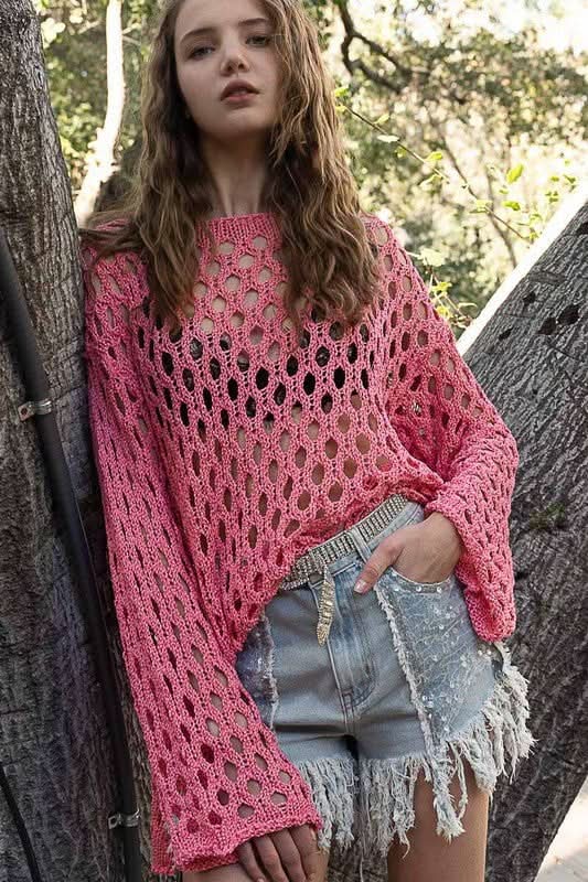 Nadia Pink Sheer Crochet Sweaters - Front View
