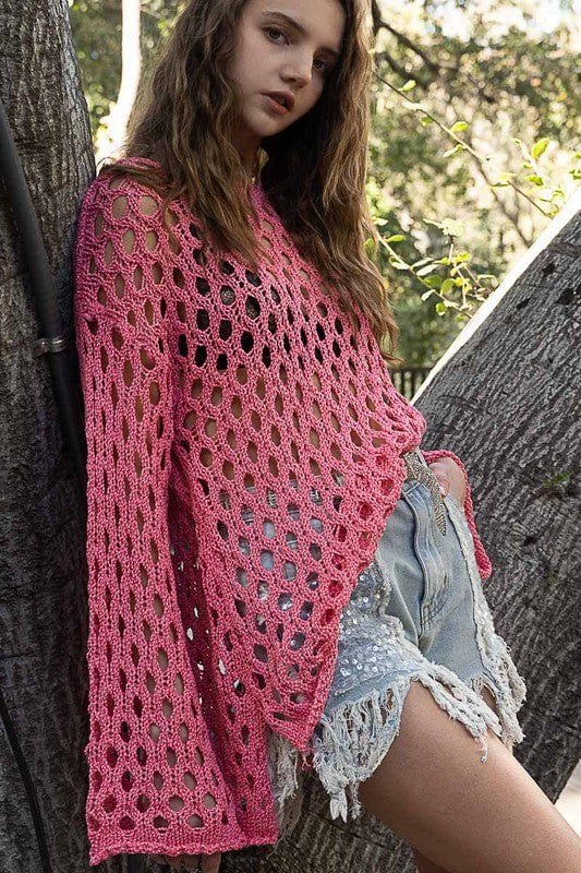 Nadia Pink Sheer Crochet Sweater