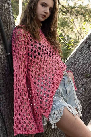 Nadia Pink Sheer Crochet Sweater - Side View 