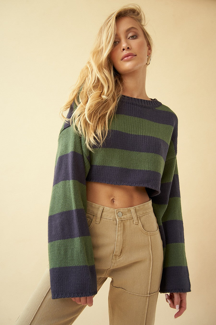 Hayley Green and Navy Striped Cropped Sweater
