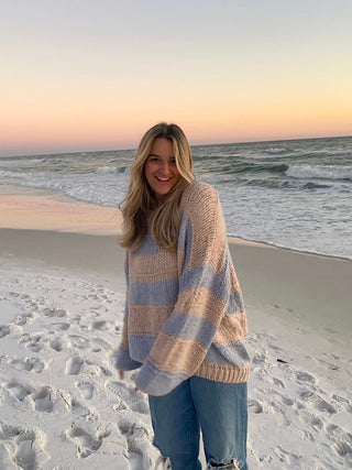 Poppy Blush and Blue Striped Oversized Sweater for Women - Side View
