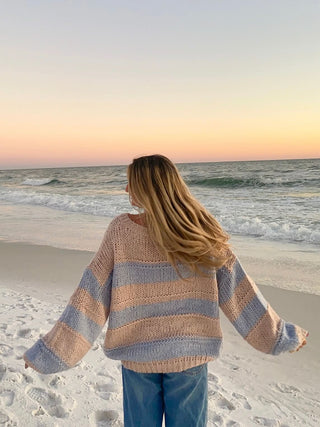 Poppy Blush and Blue Striped Oversized Trendy Sweater - Back View