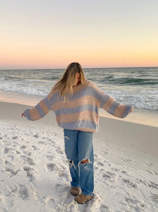 Poppy Blush and Blue Striped Oversized Sweater Styled With Jeans - Front View