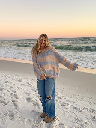 Poppy Blush and Blue Striped Oversized Sweater - Full View