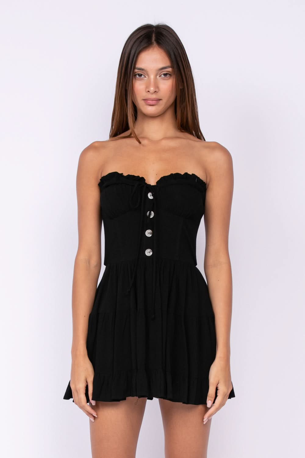 Garden Charm Black Strapless Dress by Sky To Moon - Size M - Sweetheart Neckline, Fitted Waist, Ruffle Mini Skirt Garden Charm Black Strapless Dress by Sky To Moon - Size M - Sweetheart Neckline, Fitted Waist, Ruffle Mini Skirt