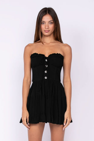 Garden Charm Black Strapless Bustier Mini Dress front view | Boho Pink