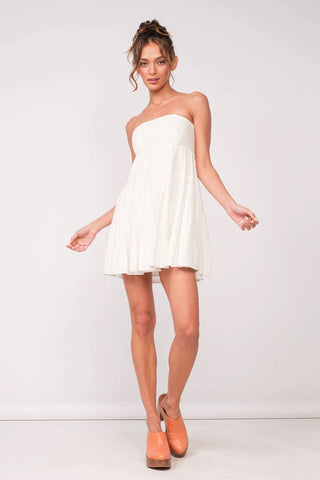 Avery White Eyelet Strapless Mini Dress styled for sorority rush