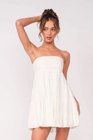Avery White Eyelet Strapless Mini Dress from our graduation ceremony dresses