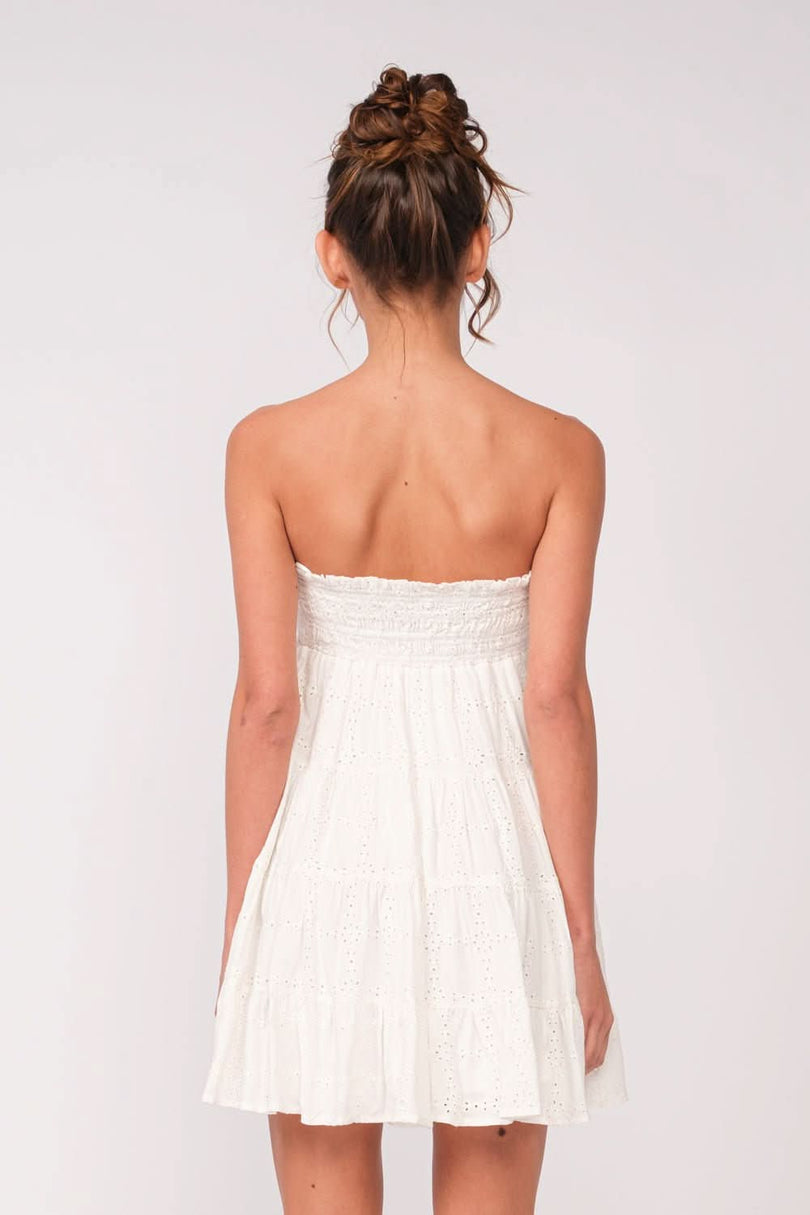 Avery White Eyelet Strapless Mini Dress styled for homecoming