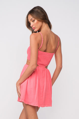 Nadia vivid pink cutout linen blend mini dress with smocked bodice - back